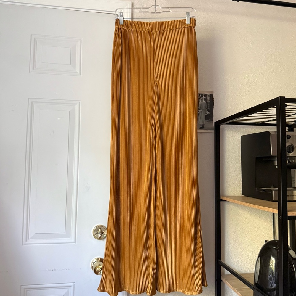 REFORMATION gold marigold mustard yellow pleated wide leg elastic pull on pants